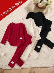 SHEIN Elladie kids 1組隨機款 2件組少女休閒字母貼布長袖上衣與內搭褲套裝，秋季毛衣洋裝，適用聖誕節/萬聖節/生日 - 彩色 - 查看 3