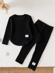 SHEIN Elladie kids 1組隨機款 2件組少女休閒字母貼布長袖上衣與內搭褲套裝，秋季毛衣洋裝，適用聖誕節/萬聖節/生日 - 彩色 - 查看 6