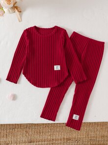 SHEIN Elladie kids 1組隨機款 2件組少女休閒字母貼布長袖上衣與內搭褲套裝，秋季毛衣洋裝，適用聖誕節/萬聖節/生日 - 彩色 - 查看 4
