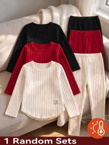 SHEIN Elladie kids 1組隨機款 2件組少女休閒字母貼布長袖上衣與內搭褲套裝，秋季毛衣洋裝，適用聖誕節/萬聖節/生日 - 彩色 - 查看 1