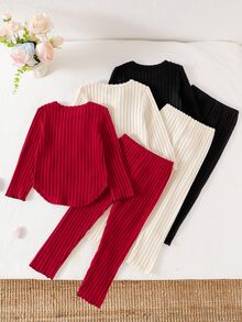 SHEIN Elladie kids 1組隨機款 2件組少女休閒字母貼布長袖上衣與內搭褲套裝，秋季毛衣洋裝，適用聖誕節/萬聖節/生日 - 彩色 - 查看 2