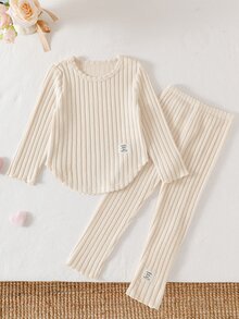SHEIN Elladie kids 1組隨機款 2件組少女休閒字母貼布長袖上衣與內搭褲套裝，秋季毛衣洋裝，適用聖誕節/萬聖節/生日 - 彩色 - 查看 5