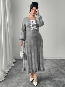 Modelyn Plus Size Women Elegant Bowknot Round Neck Long Sleeve Sweater Dress Fairycore Plus Size European Style - Grey - View 7