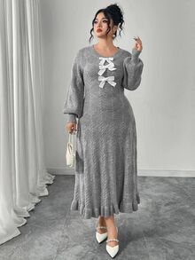 Modelyn Plus Size Women Elegant Bowknot Round Neck Long Sleeve Sweater Dress Fairycore Plus Size European Style - Grey - View 4