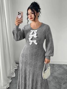 Modelyn Plus Size Women Elegant Bowknot Round Neck Long Sleeve Sweater Dress Fairycore Plus Size European Style - Grey - View 5