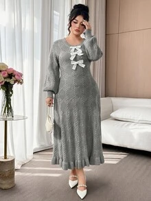 Modelyn Plus Size Women Elegant Bowknot Round Neck Long Sleeve Sweater Dress Fairycore Plus Size European Style - Grey - View 1