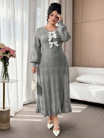 Modelyn 大码女式优雅蝴蝶结圆领长袖毛衣裙