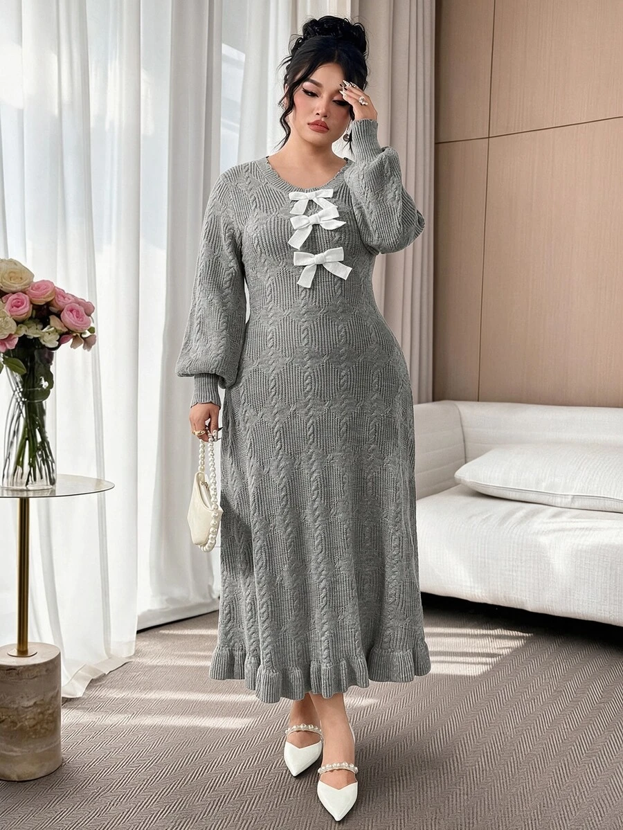 Modelyn Plus Size Women Elegant Bowknot Round Neck Long Sleeve Sweater Dress Fairycore Plus Size European Style - Grey - View 1