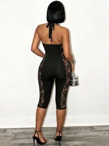 BamGleam Women's Contrast Lace Deep V-Neck Sexy Halter Jumpsuit Club Party Black Summer - Black - View 3