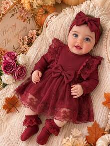 SHEIN 2pcs Baby Girls Tutu Dress Sweet Elegant Burgundy Bow Ruffle Lace Ribbed Long Sleeve Round Neck Regular Wedding Fall Holiday Christmas Gorgeous - Burgundy - View 1