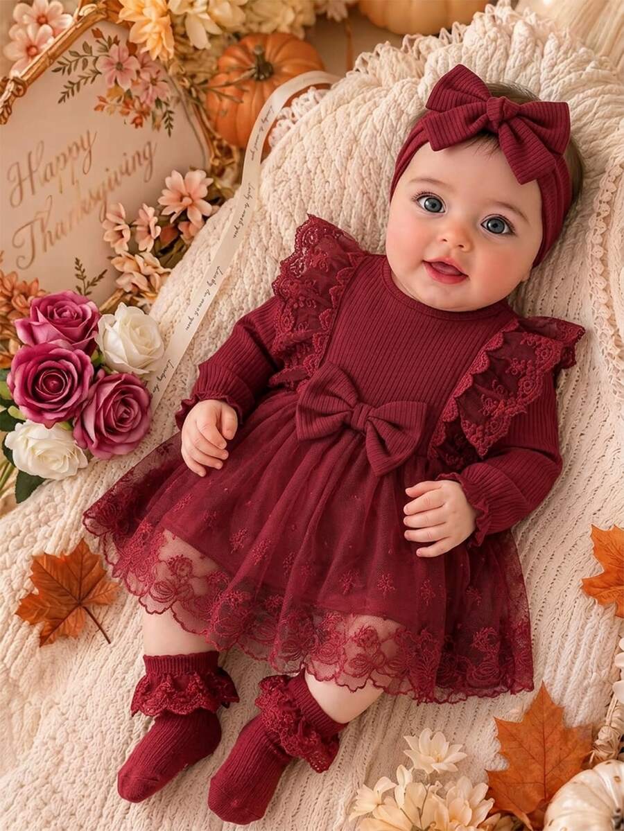 SHEIN 2pcs Baby Girls Tutu Dress Sweet Elegant Burgundy Bow Ruffle Lace Ribbed Long Sleeve Round Neck Regular Wedding Fall Holiday Christmas Gorgeous - Burgundy - View 1