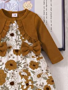2pcs Newborn Baby Girls A-Line Dress Set Cute Sweet Ginger Brown Bow Floral Print Ruffle Long Sleeve Regular Holiday Fall Wedding Guest Birthday Retro - Multicolor - View 4