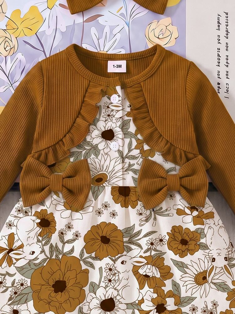 2pcs Newborn Baby Girls A-Line Dress Set Cute Sweet Ginger Brown Bow Floral Print Ruffle Long Sleeve Regular Holiday Fall Wedding Guest Birthday Retro - Multicolor - View 6