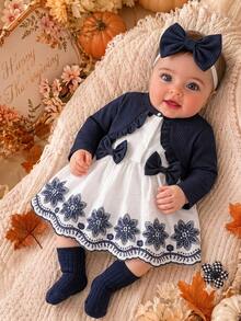 SHEIN Baby Girls Dress Cardigan Elegant Princess Navy Blue White Bow Ruffle Floral Eyelet Long Sleeve Birthday Party Fall Autumn Ballet Princess Rib Knit - Navy Blue - View 1