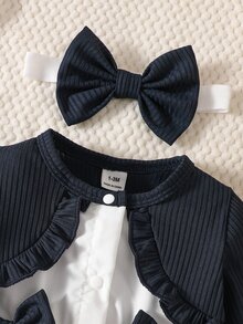 SHEIN Baby Girls Dress Cardigan Elegant Princess Navy Blue White Bow Ruffle Floral Eyelet Long Sleeve Birthday Party Fall Autumn Ballet Princess Rib Knit - Navy Blue - View 5