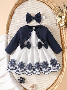 SHEIN Baby Girls Dress Cardigan Elegant Princess Navy Blue White Bow Ruffle Floral Eyelet Long Sleeve Birthday Party Fall Autumn Ballet Princess Rib Knit - Navy Blue - View 3
