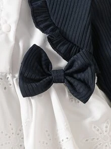 SHEIN Baby Girls Dress Cardigan Elegant Princess Navy Blue White Bow Ruffle Floral Eyelet Long Sleeve Birthday Party Fall Autumn Ballet Princess Rib Knit - Navy Blue - View 4