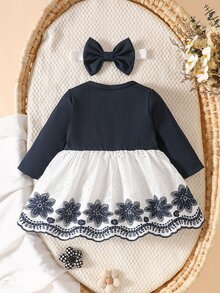 SHEIN Baby Girls Dress Cardigan Elegant Princess Navy Blue White Bow Ruffle Floral Eyelet Long Sleeve Birthday Party Fall Autumn Ballet Princess Rib Knit - Navy Blue - View 2