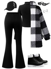 SHEIN Girls Big Kids Black And White Black Plaid Turn Collar Long Sleeve Jacket + Solid Color High Neck Ribbed T-Shirt + Flare Pants 3pcs Set Autumn - Black and White - View 2