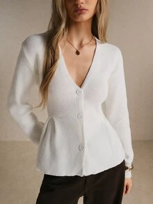 Poéselle Women's Ivory Ribbed-Knit Peplum Cardigan – Slim-Waist Deep V-Neck Button-Front Sweater With Flared Hem And Long Sleeves Chic Fall Winter Sweater - Apricot - View 4