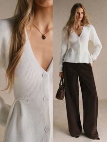 Poéselle Women's Ivory Ribbed-Knit Peplum Cardigan – Slim-Waist Deep V-Neck Button-Front Sweater With Flared Hem And Long Sleeves Chic Fall Winter Sweater - Apricot - View 1