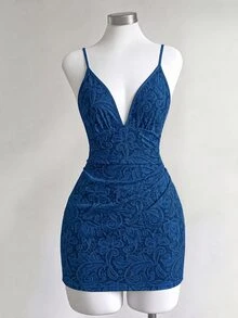 SHEIN Franclia Vestido blanco de encaje con tirantes finos y estampado 3D, elegante y sexy, sin mangas, mini ajustado para mujer, nuevo estilo de verano 2026, vestido casual para fiesta, playa y cena - Azul - Ver 3