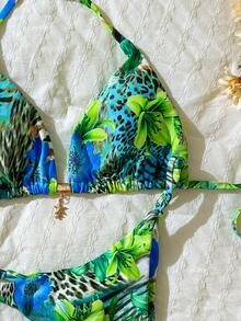 Elavelle Multicolor Halter Tie Back Thongs Bikini Set With Tropical Pattern - Multicolor - View 6
