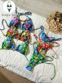 Elavelle Multicolor Halter Tie Back Thongs Bikini Set With Tropical Pattern - Multicolor - View 2