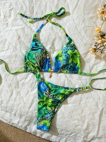 Elavelle Multicolor Halter Tie Back Thongs Bikini Set With Tropical Pattern - Multicolor - View 3