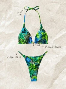 Elavelle Multicolor Halter Tie Back Thongs Bikini Set With Tropical Pattern - Multicolor - View 1