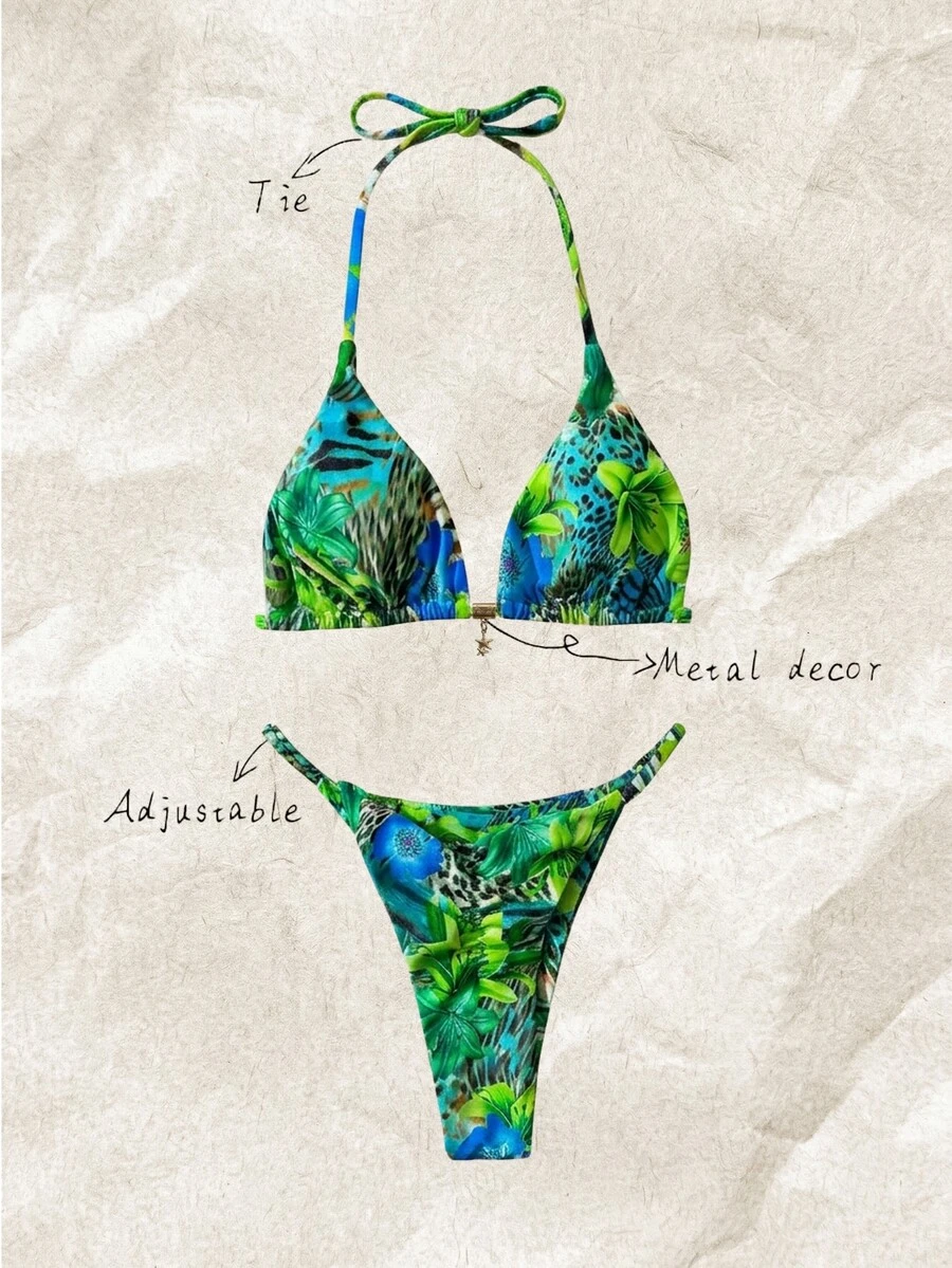Elavelle Multicolor Halter Tie Back Thongs Bikini Set With Tropical Pattern - Multicolor - View 1