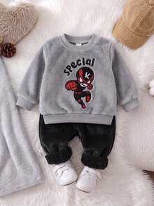 SHEIN Playful Pals 2件組幼兒男童運動衫長褲套裝，可愛灰色黑色卡通圖案，毛絨絨柔軟羅紋長袖圓領加厚款，舒適休閒秋季假日運動套裝 - 灰色 - 查看 2