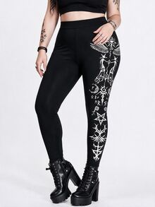 ROMWE Gothic Dark Forest Moth Sun Demon Pentagram Elastic Plus Size Leggings - Black - View 1