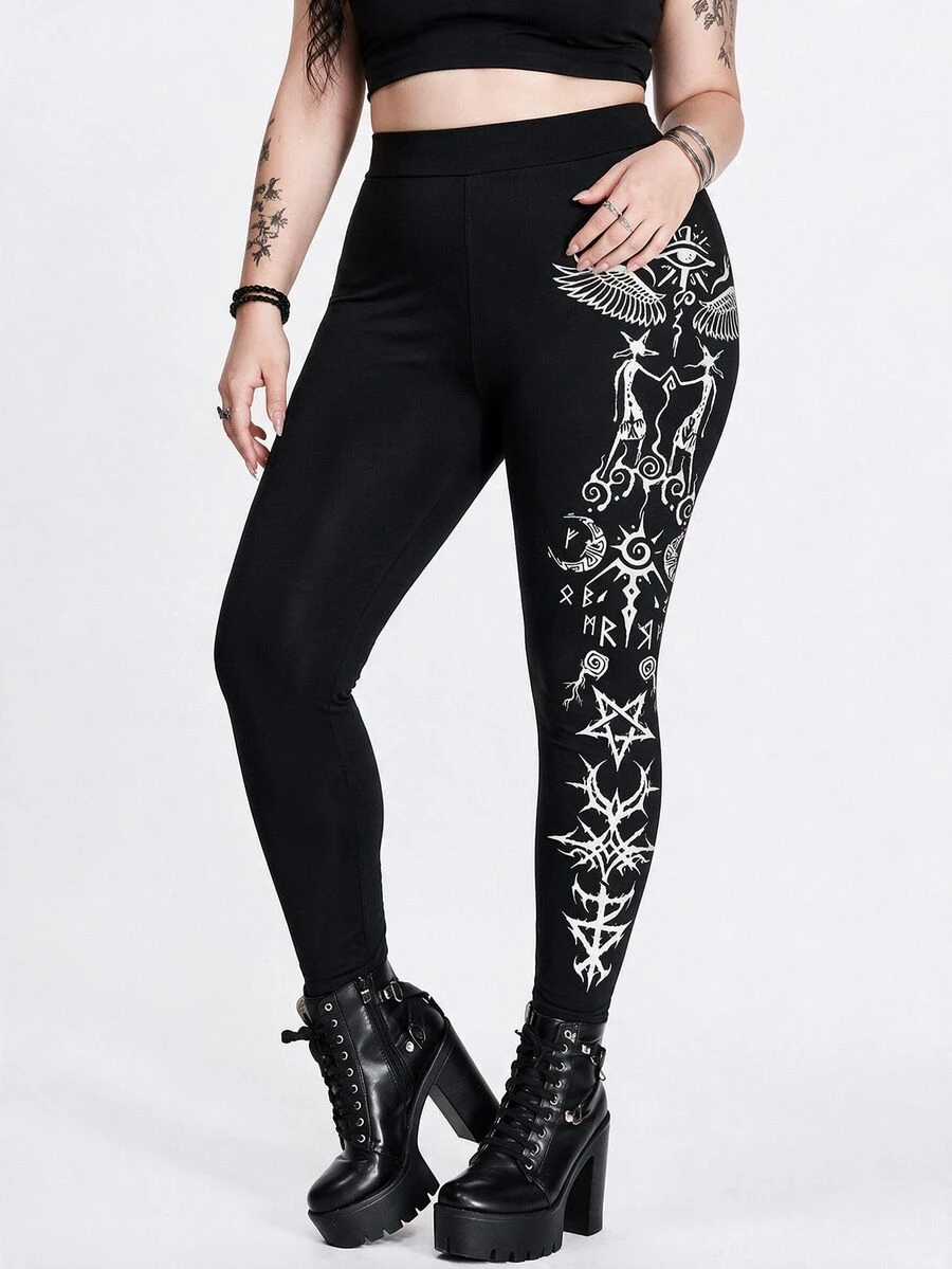 ROMWE Gothic Dark Forest Moth Sun Demon Pentagram Elastic Plus Size Leggings - Black - View 1