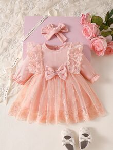 SHEIN 2pcs Baby Girls Tutu Dress Sweet Elegant Peach Coral Ribbed Bow Ruffle Floral Lace Long Sleeve Round Neck Regular Birthday Party Fall Holiday Headband - Pink - View 3