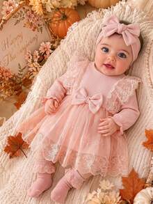 SHEIN 2pcs Baby Girls Tutu Dress Sweet Elegant Peach Coral Ribbed Bow Ruffle Floral Lace Long Sleeve Round Neck Regular Birthday Party Fall Holiday Headband - Pink - View 1