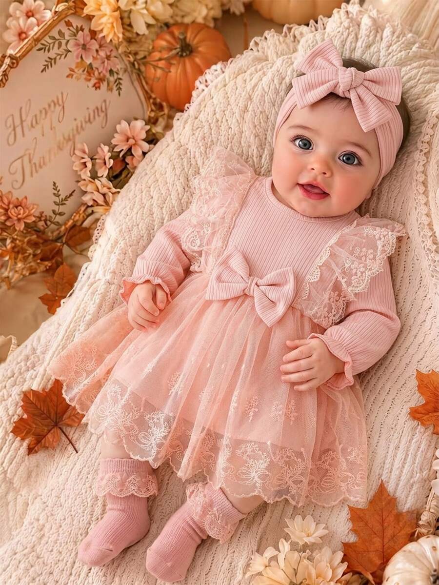 SHEIN 2pcs Baby Girls Tutu Dress Sweet Elegant Peach Coral Ribbed Bow Ruffle Floral Lace Long Sleeve Round Neck Regular Birthday Party Fall Holiday Headband - Pink - View 1