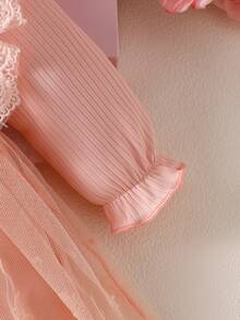 SHEIN 2pcs Baby Girls Tutu Dress Sweet Elegant Peach Coral Ribbed Bow Ruffle Floral Lace Long Sleeve Round Neck Regular Birthday Party Fall Holiday Headband - Pink - View 5