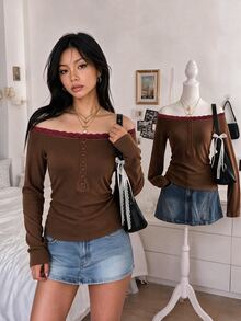 IslaSuriya Women's Lace Patchwork Slim Fit Versatile Daily Casual Long Sleeve Top - Brown - View 5