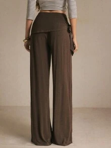 Poéselle Women's Chocolate Brown Wide-Leg Pants – High-Waisted Draped Wrap-Front Trousers With Side-Tie Detail And Flowy Full-Length Fit Sweatpants Fall/Winter - Coffee Brown - View 6