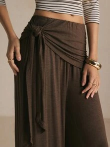 Poéselle Women's Chocolate Brown Wide-Leg Pants – High-Waisted Draped Wrap-Front Trousers With Side-Tie Detail And Flowy Full-Length Fit Sweatpants Fall/Winter - Coffee Brown - View 4