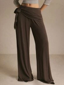 Poéselle Women's Chocolate Brown Wide-Leg Pants – High-Waisted Draped Wrap-Front Trousers With Side-Tie Detail And Flowy Full-Length Fit Sweatpants Fall/Winter - Coffee Brown - View 2