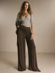 Poéselle Women's Chocolate Brown Wide-Leg Pants – High-Waisted Draped Wrap-Front Trousers With Side-Tie Detail And Flowy Full-Length Fit Sweatpants Fall/Winter - Coffee Brown - View 5