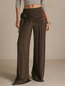 Poéselle Women's Chocolate Brown Wide-Leg Pants – High-Waisted Draped Wrap-Front Trousers With Side-Tie Detail And Flowy Full-Length Fit Sweatpants Fall/Winter - Coffee Brown - View 3