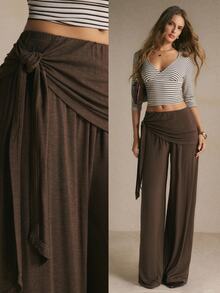 Poéselle Women's Chocolate Brown Wide-Leg Pants – High-Waisted Draped Wrap-Front Trousers With Side-Tie Detail And Flowy Full-Length Fit Sweatpants Fall/Winter - Coffee Brown - View 1