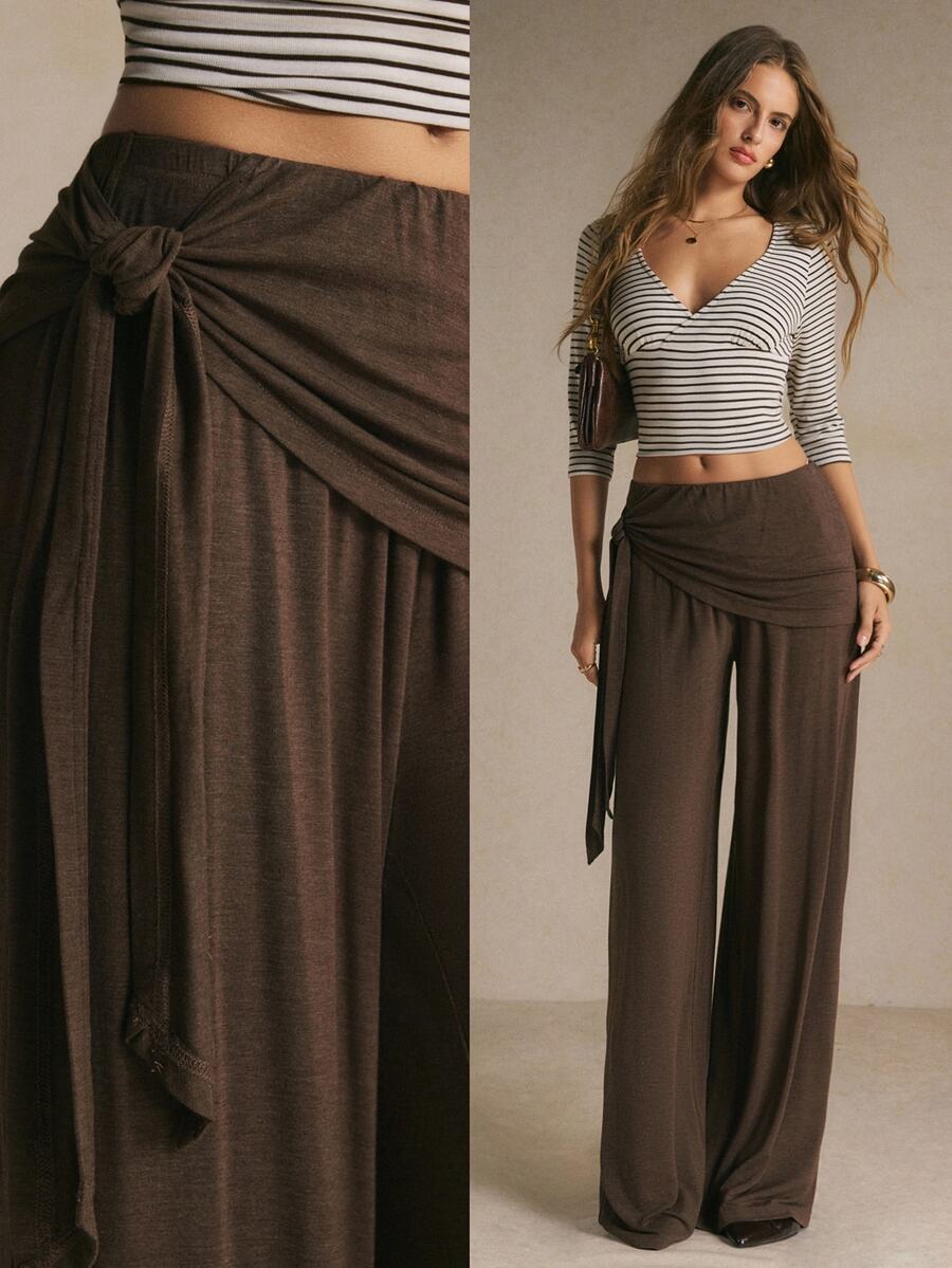Poéselle Women's Chocolate Brown Wide-Leg Pants – High-Waisted Draped Wrap-Front Trousers With Side-Tie Detail And Flowy Full-Length Fit Sweatpants Fall/Winter - Coffee Brown - View 1