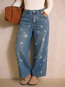 Elaquor Plus-Size Women's Loose Wide-Leg Casual Denim Jeans (Black-Grey) With Rhinestone-Embellished Pockets Autumn Women Fall/Winter Pants - Medium Wash - View 2
