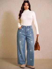 Elaquor Plus-Size Women's Loose Wide-Leg Casual Denim Jeans (Black-Grey) With Rhinestone-Embellished Pockets Autumn Women Fall/Winter Pants - Medium Wash - View 5