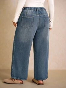 Elaquor Plus-Size Women's Loose Wide-Leg Casual Denim Jeans (Black-Grey) With Rhinestone-Embellished Pockets Autumn Women Fall/Winter Pants - Medium Wash - View 3