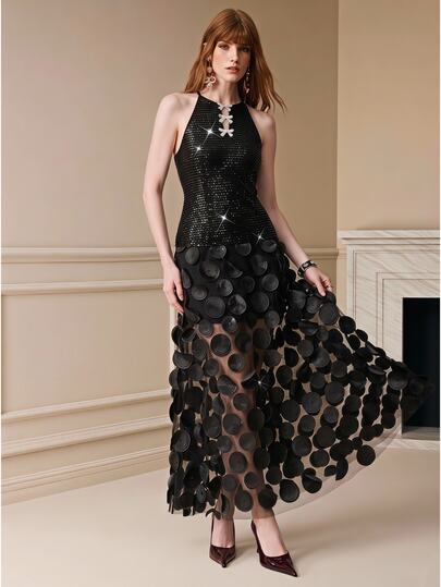 Arave Vestido de mujer ajustado con cuello halter, top de malla con lentejuelas, aplique de disco 3D y lazo, elegante vestido de fiesta de noche negro para Navidad
